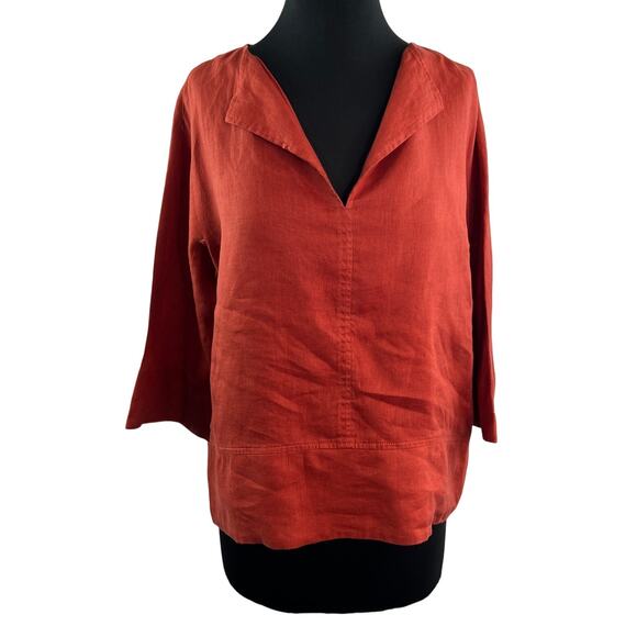 Trina Turk Out Of Office Brick Top Lagenlook Linen Split Neck 3/4 Sleeve Small S - Picture 1 of 10
